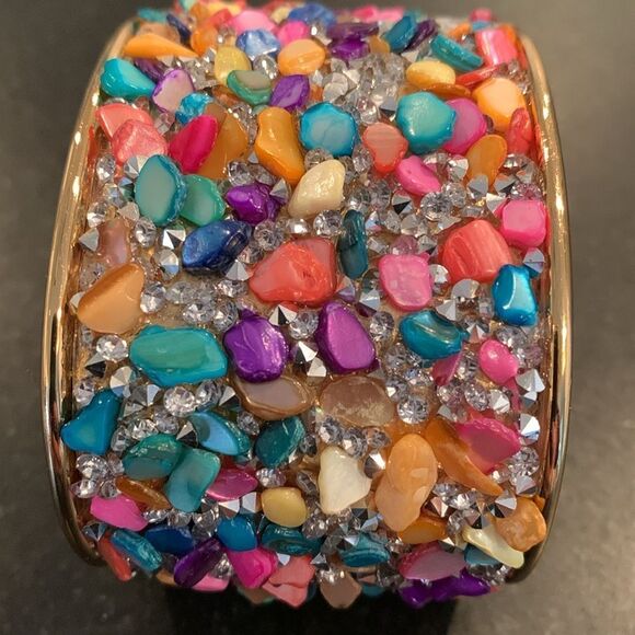 18k Gold Plate Rainbow Sprinkles Gemstone Cuff Multicolor Wide Bangle Bracelet - Picture 3 of 9